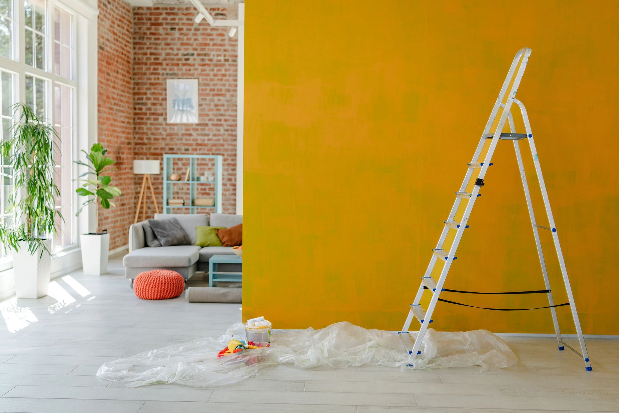 Vibrant contemporary interior with yellow wall